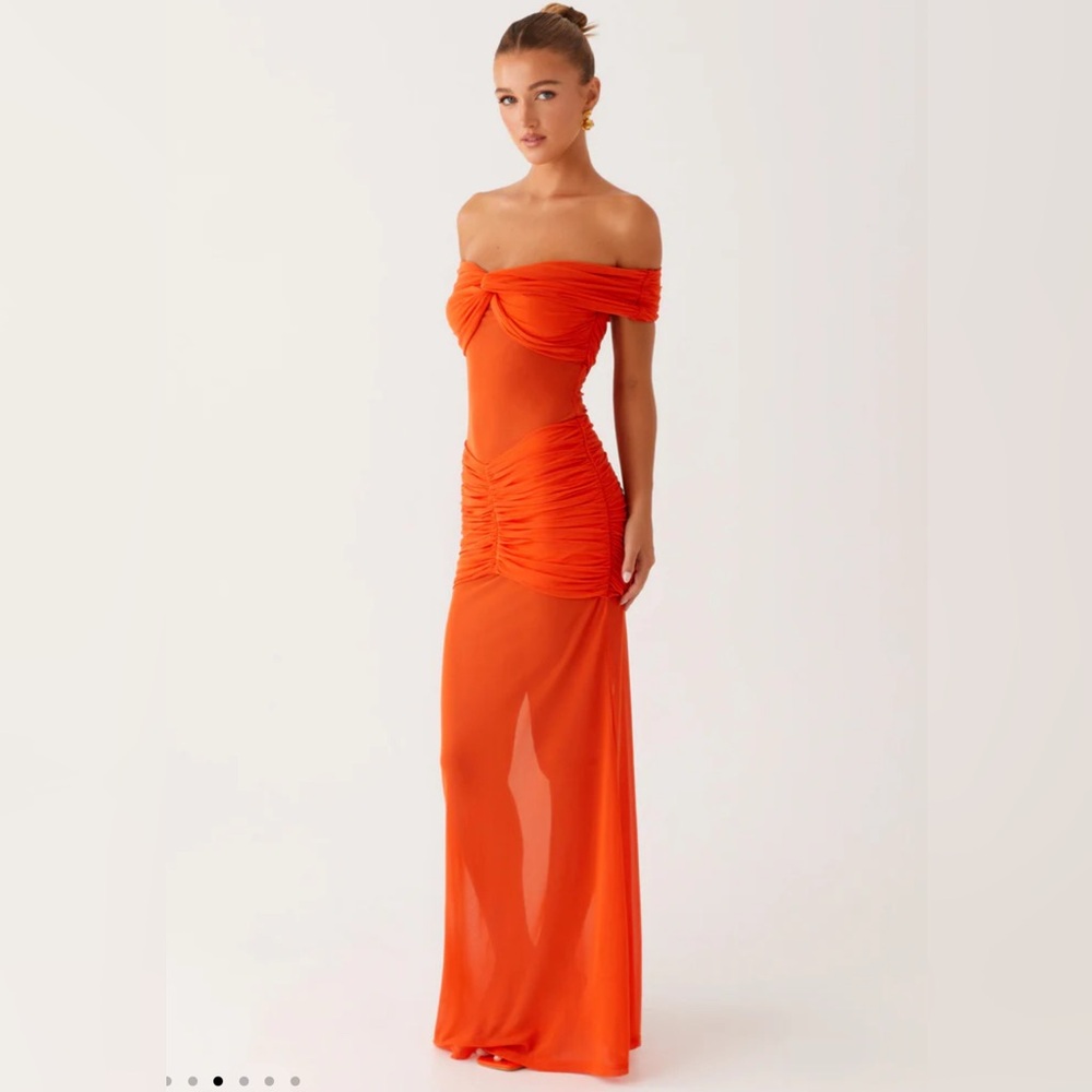 Peppermayo Orange Off Shoulder Mesh Maxi Dress Size XS (AUS 4 / US 2)